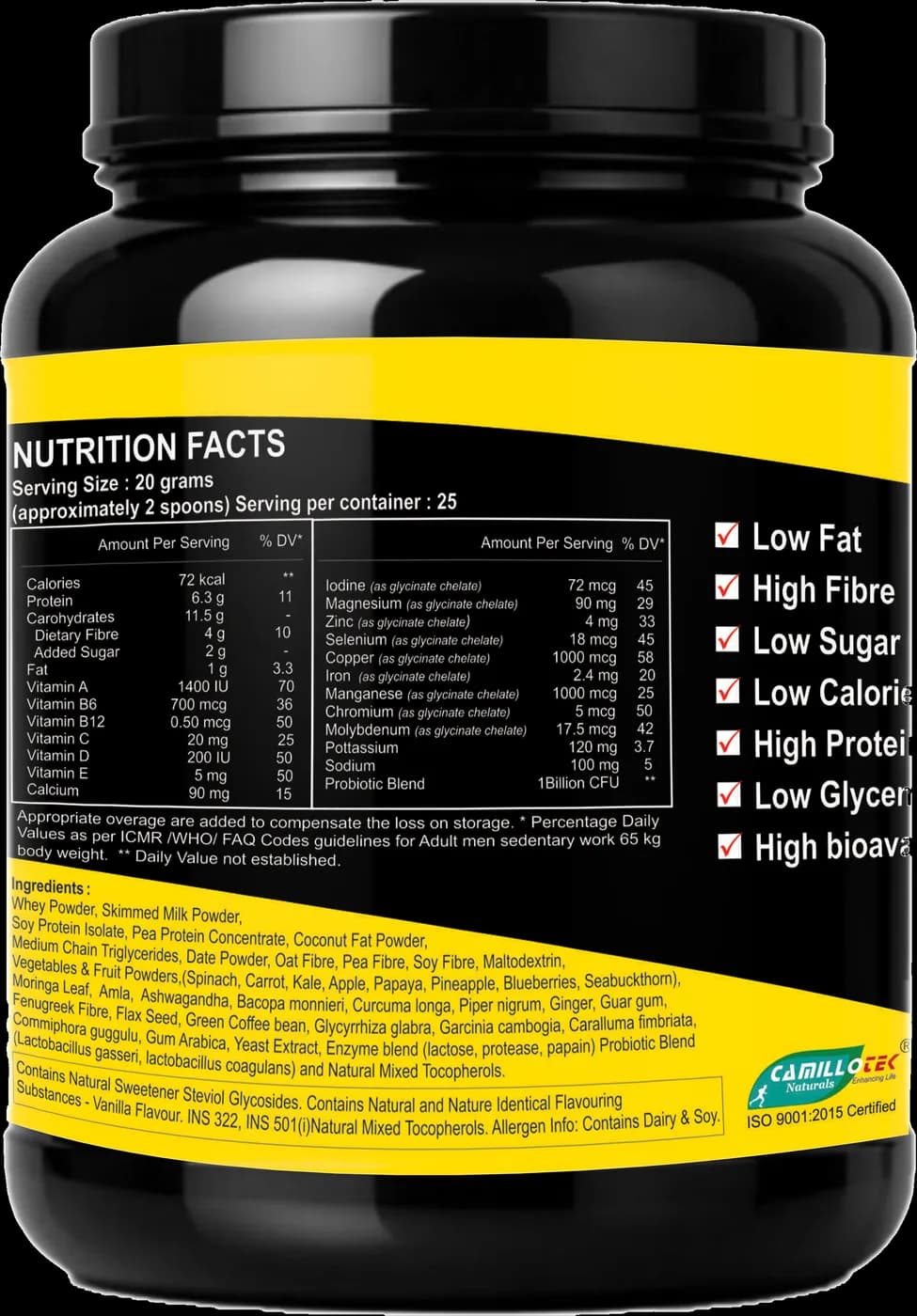 Optimeal supplement facts panel
